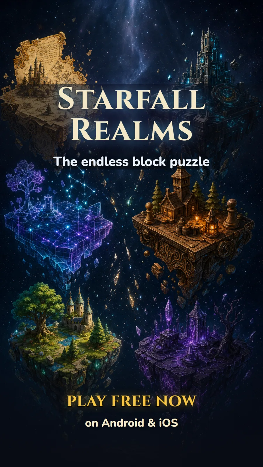 Starfall Realms — floating islands of a broken star system, each rendered in a different art style